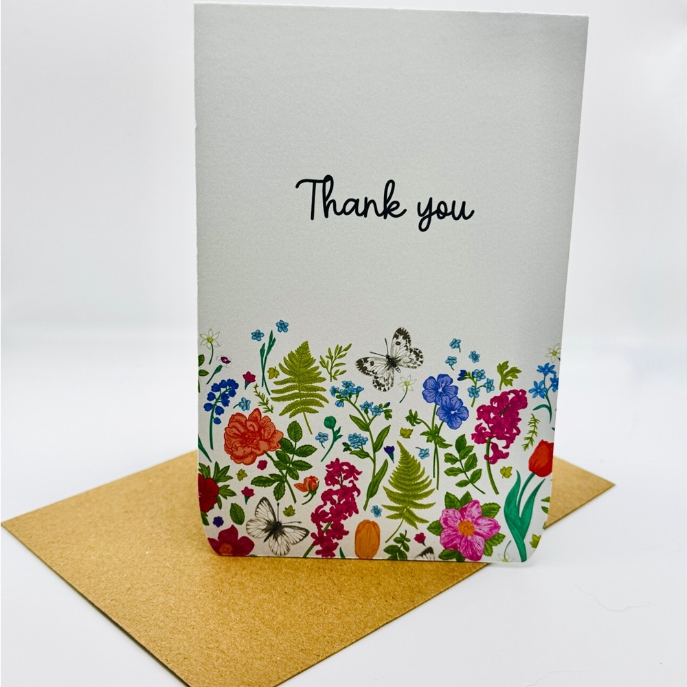 Six (6) Hand Crafted Floral Packaged Thank You Cards with Kraft Envelopes
